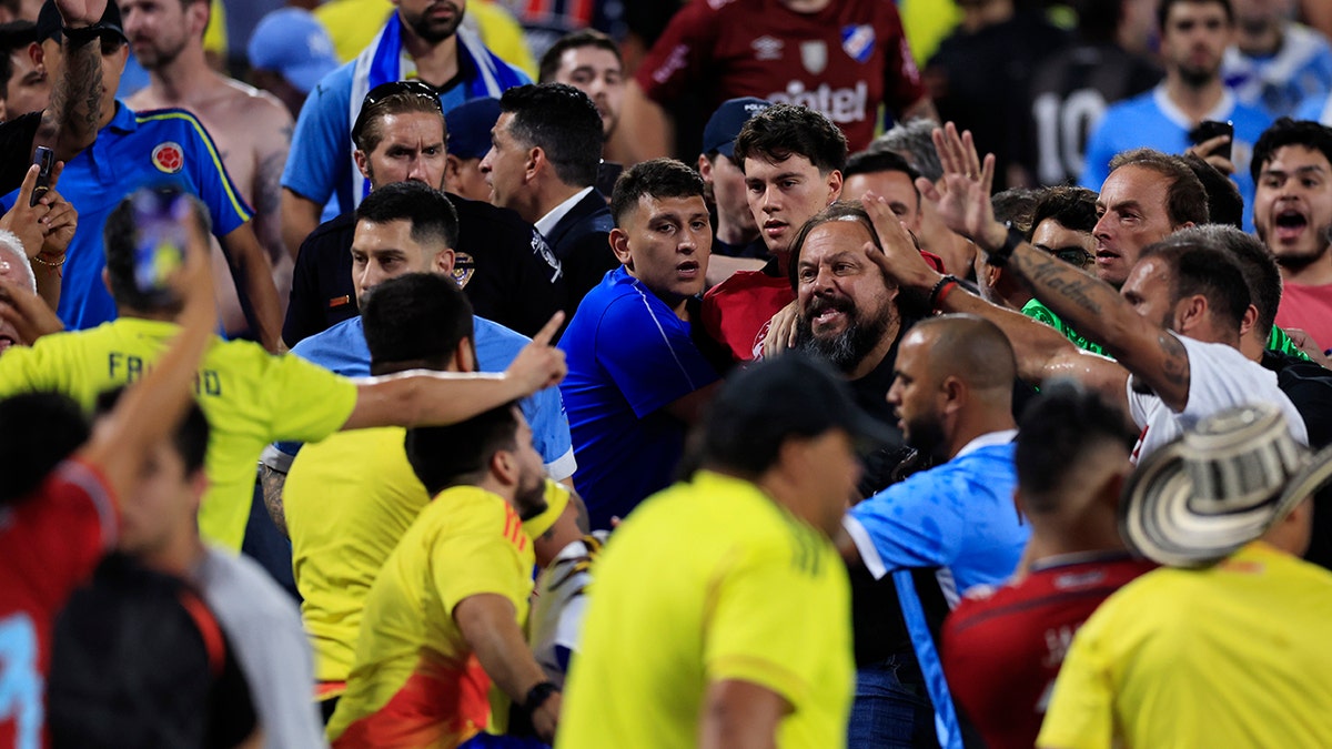 Uruguay players confront Colombian fans in stands