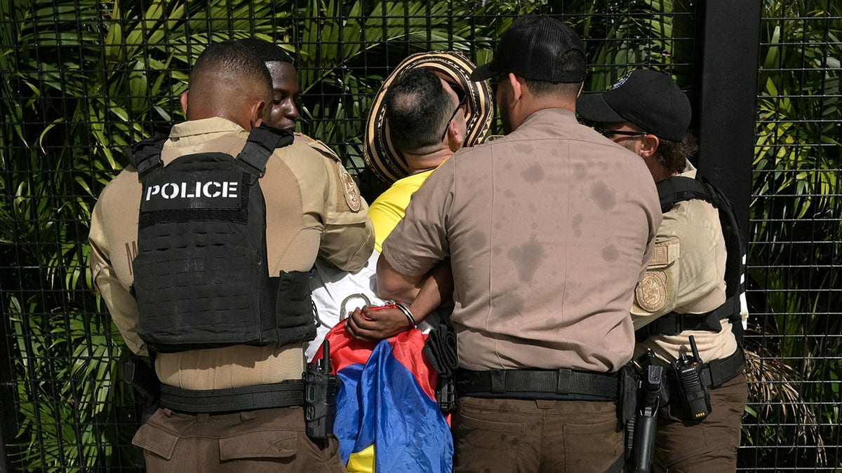 Officers detain a fan