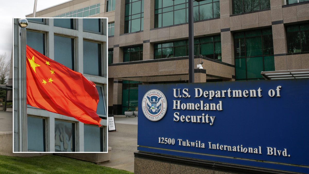 Split image of China flag, DHS sign