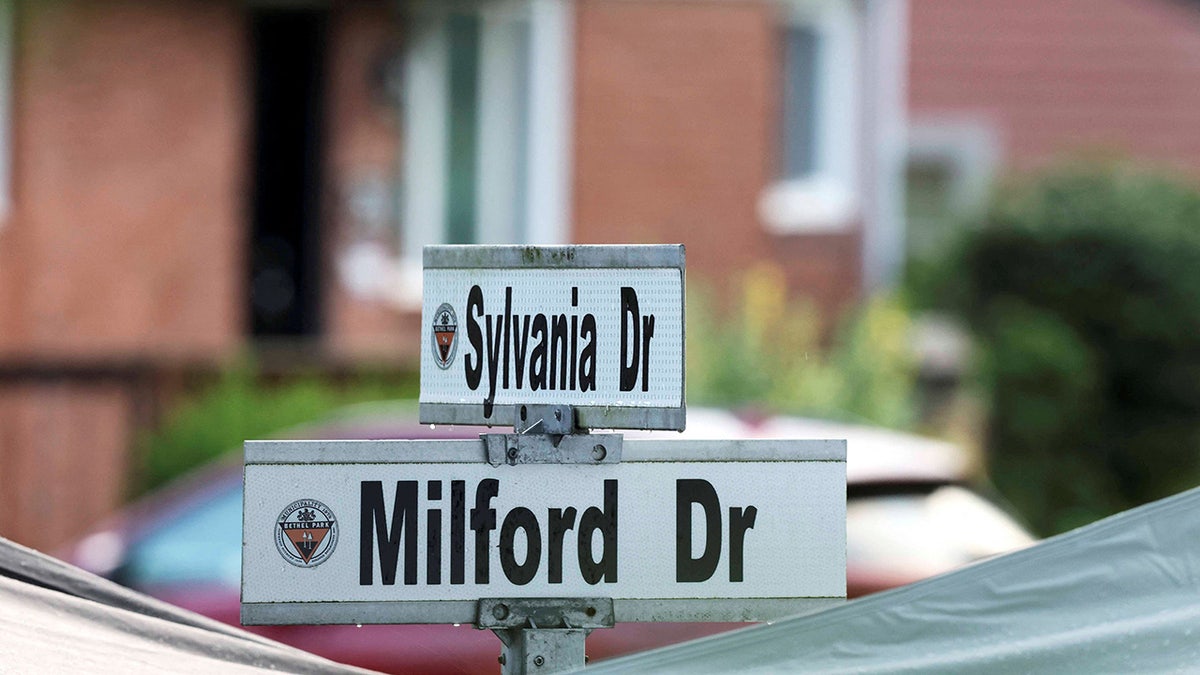 A view of a street sign in front of the home of 20-year-old Thomas Matthew Crooks
