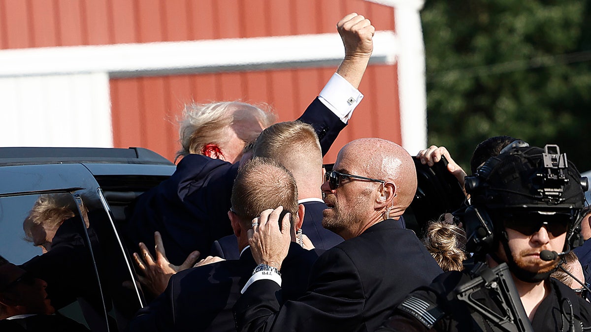 Donald Trump pumps his fist as he is rushed into a car