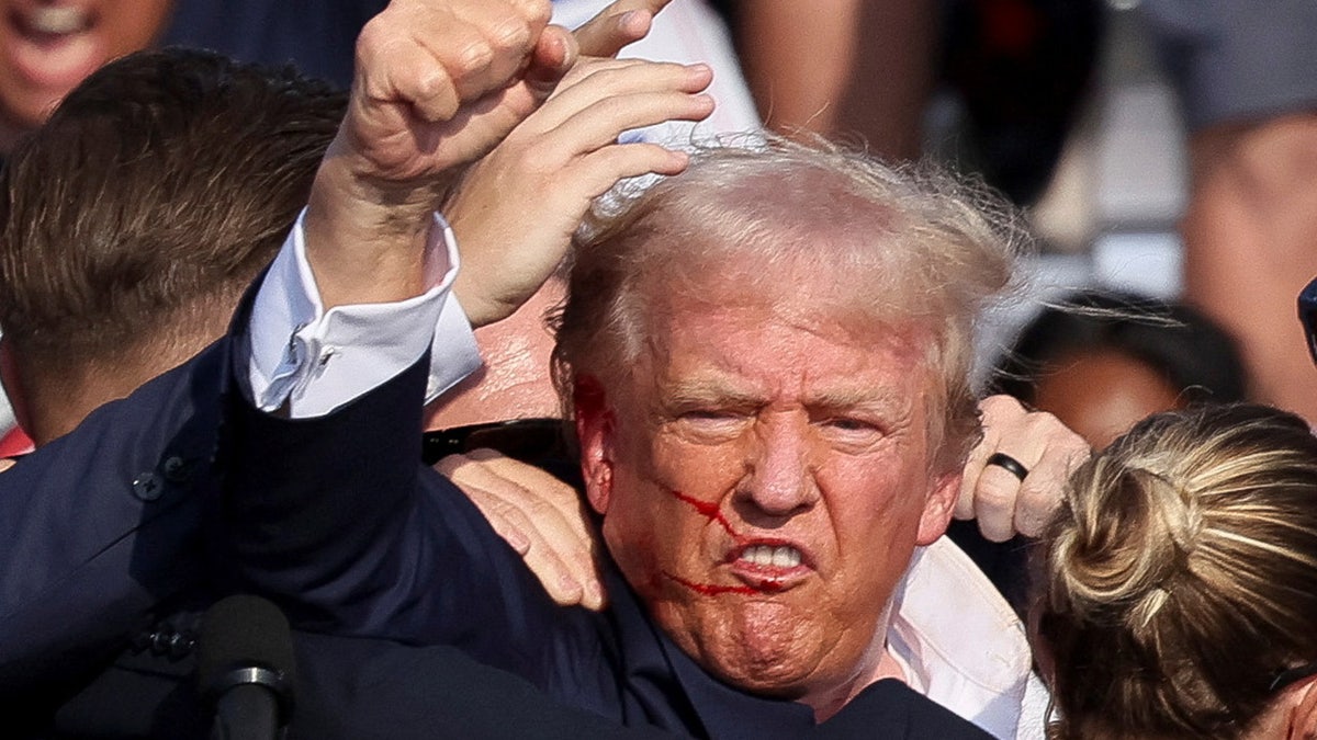 Donald Trump gestures with his bloodied face as gunshots are heard during a campaign rally