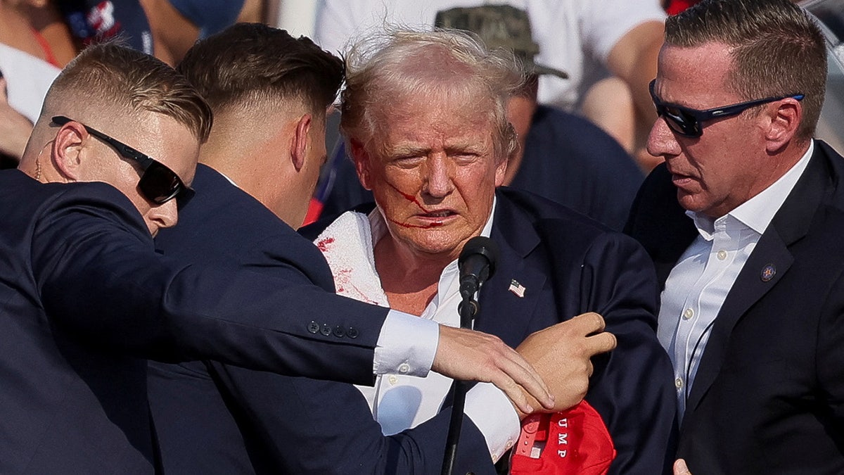 Donald Trump gesticula com o rosto ensanguentado enquanto vários tiros eram disparados durante um comício de campanha