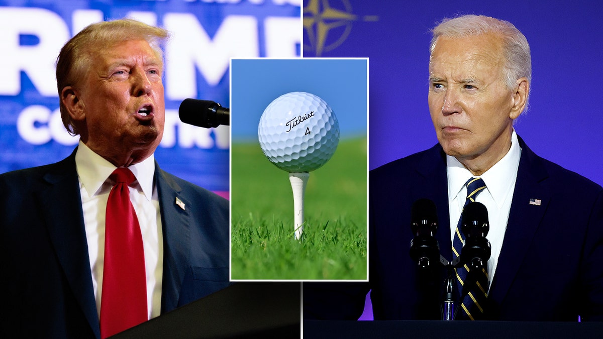 golf ball on tee in inset; left-right Trump, Biden split