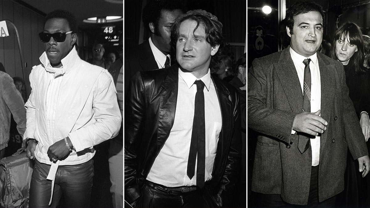 Side by side black and white photos of Eddie Murphy, Robin Williams and John Belushi