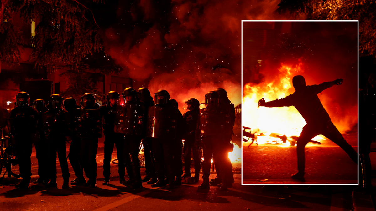 Imagen dividida de agentes franceses y alborotadores