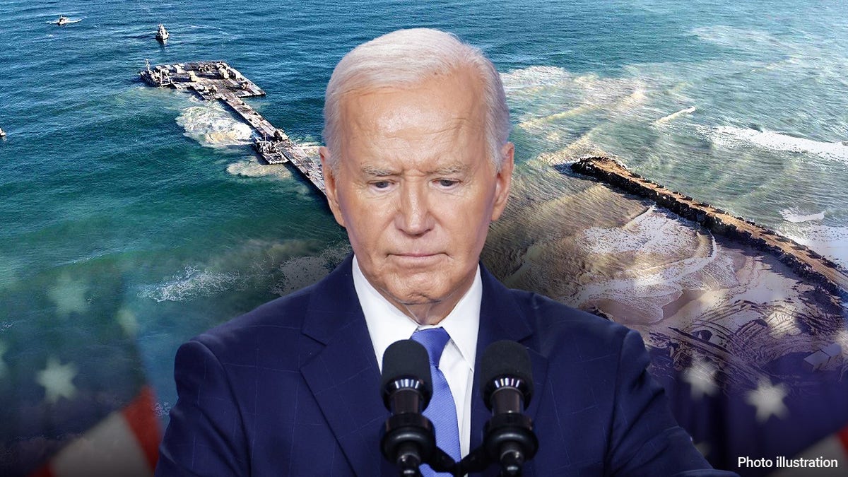 President Biden and a picture showing ships near a temporary floating pier built to receive humanitarian aid in the Gaza Strip in Gaza Beach, in this handout picture obtained by Reuters on May 18, 2024. Israel Defense Forces/Handout via REUTERS THIS IMAGE HAS BEEN SUPPLIED BY A THIRD PARTY. Biden image supplied by Getty Images.