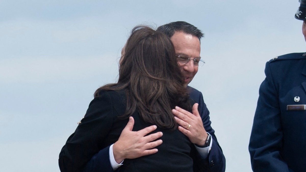 Vice President Harris hugs then-Pennsylvania Attorney General Josh Shapiro at Pittsburgh International Airport on June 21, 2021.
