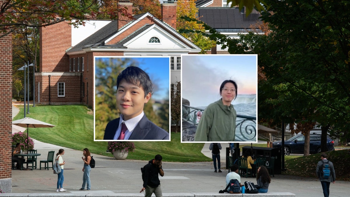 A photo collage showing students on the campus of Dartmouth College in Hanover, New Hampshire below two photos of Won Jang and Kexin Cai