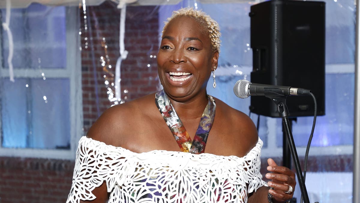 Andrea Lawful Sanders speaks during the Cannes Can: Diversity Collective Inkwell Beach-Martha's Vineyard Film Festival on Aug. 12, 2021, in Massachusetts.