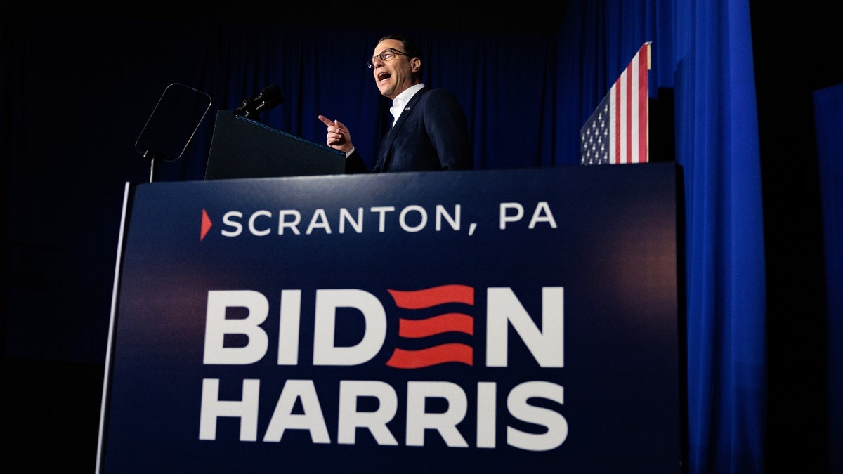 Josh Shapiro, governor of Pennsylvania, speaks during a campaign event with US President Joe Biden