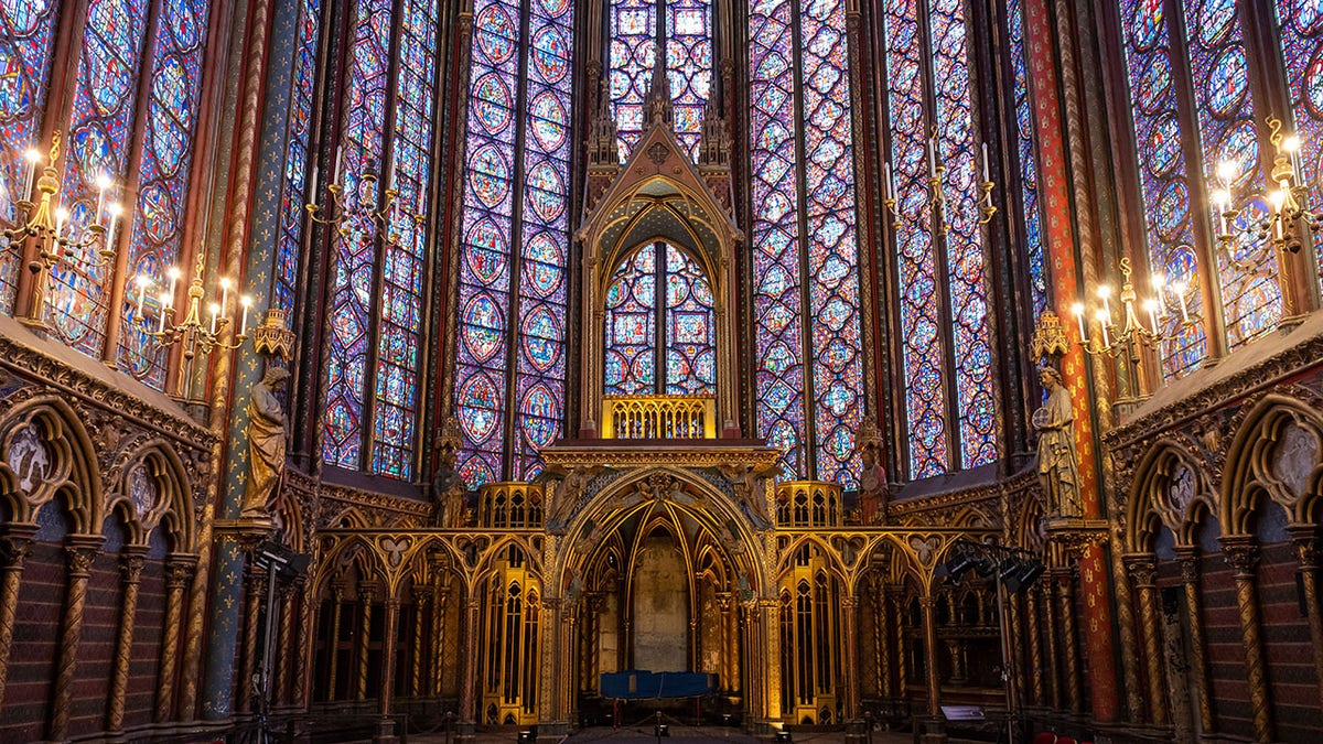 Upper chapel of Sainte-Chapelle in Paris with its stained-glass windows.