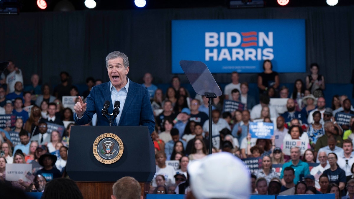 North Carolina Governor Roy Cooper speaks before U.S. President Joe Biden arrives at a post-debate campaign rally on June 28, 2024 in Raleigh, North Carolina