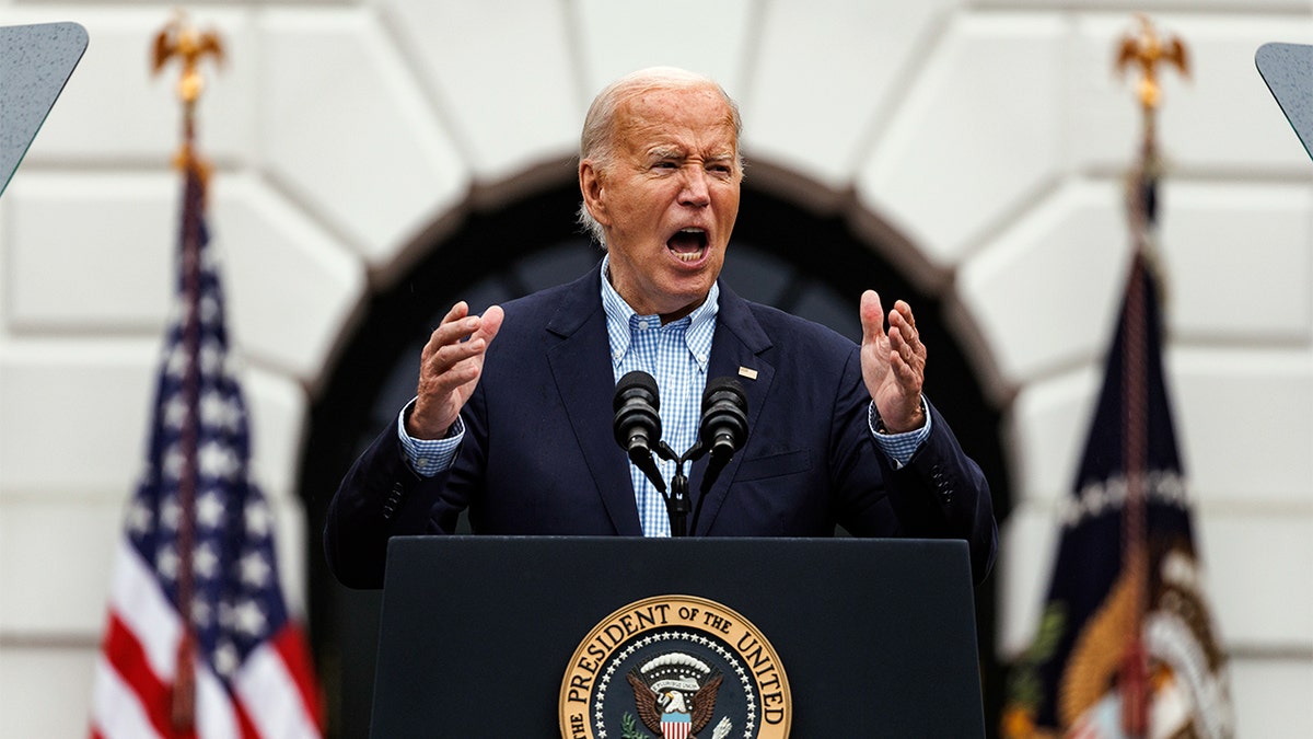 President Biden speaks emphatically with his hands at White House Fourth of July barbecue