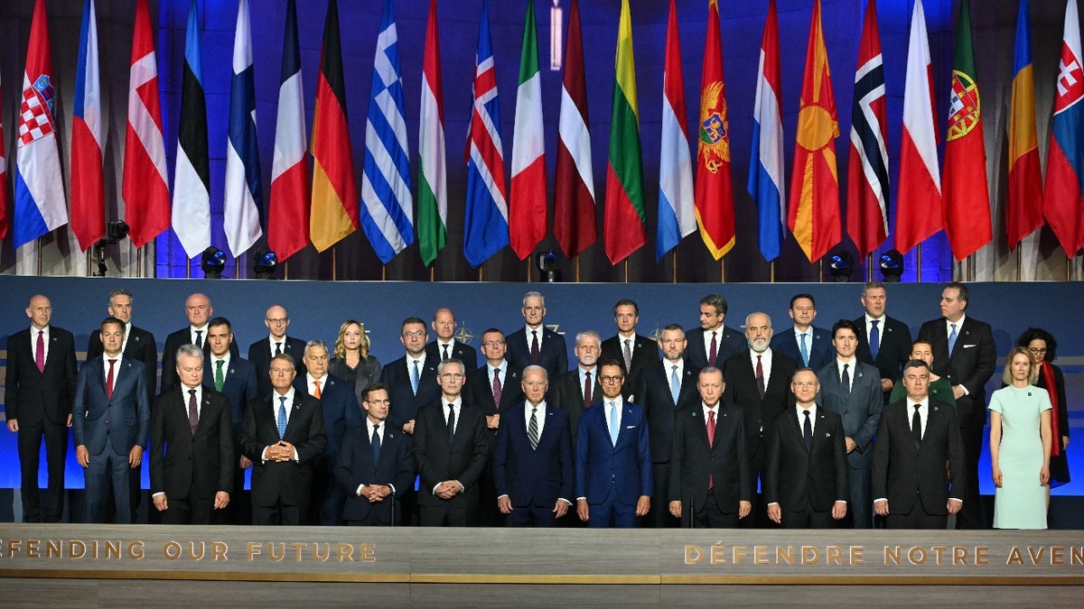 NATO leaders pose for a family photo during the NATO 75th anniversary celebration at the Mellon Auditorium in Washington, DC.
