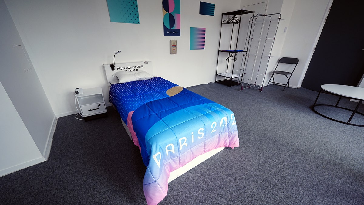 paris olympics bedroom with cardboard beds