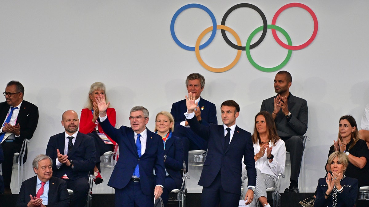President Macron with Tony Estanguet and other leaders at Paris Olympics opening ceremonies