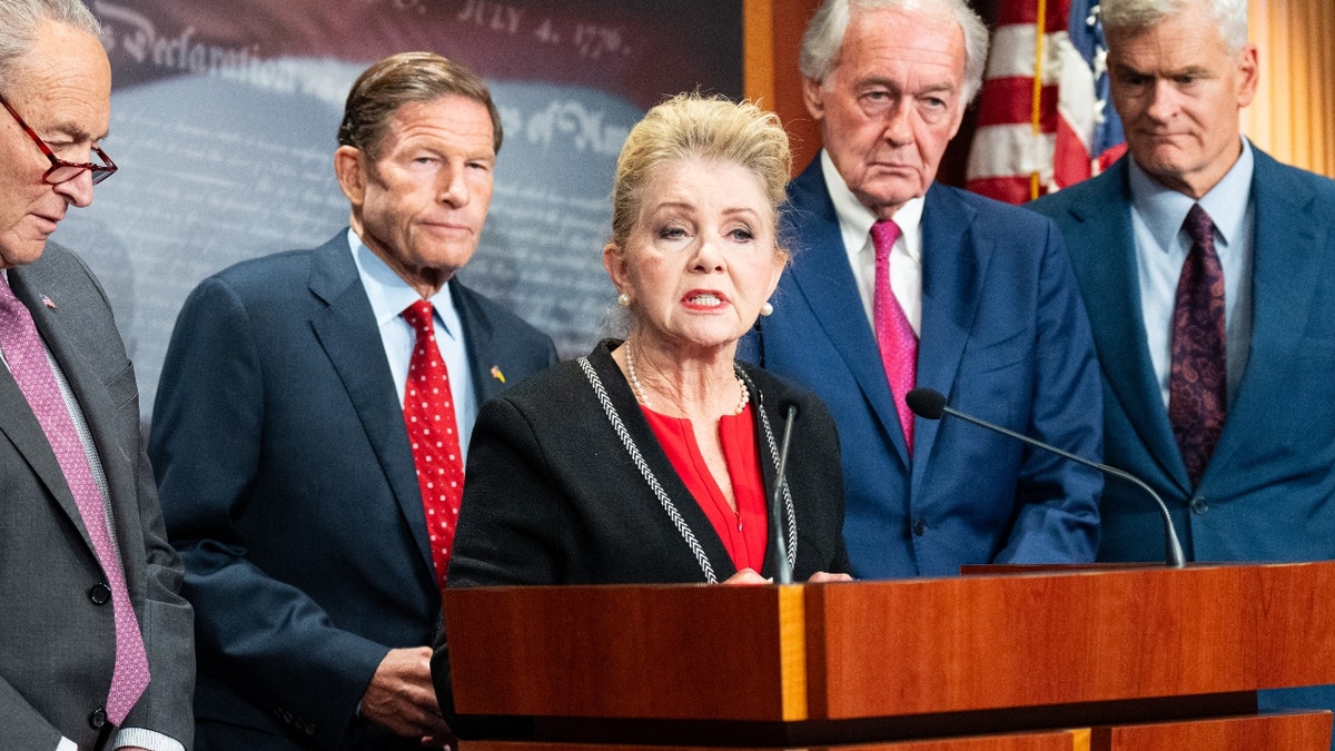 From left, Senate Majority Leader Chuck Schumer, D-N.Y., Sen. Richard Blumenthal, D-Conn., Sen. Marsha Blackburn, R-Tenn., Sen. Ed Markey, D-Mass., and Sen. Bill Cassidy, R-La., hold a media availability after Senate passage of The Kids Online Safety and Privacy Act and the Children and Teens' Online Privacy Protection Act in the Capitol on Tuesday, July 30, 2024.