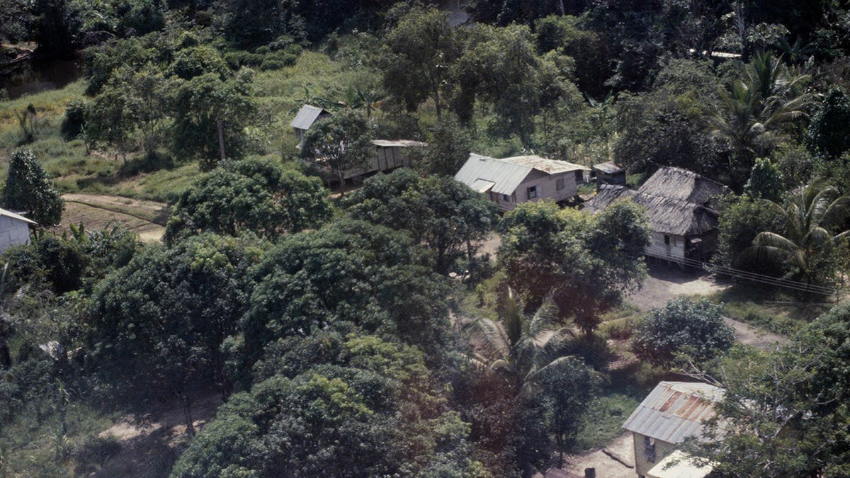 An aerial view of the Peoples Temple compound