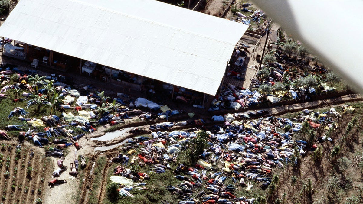 An aerial view of the dead outside Jonestown.