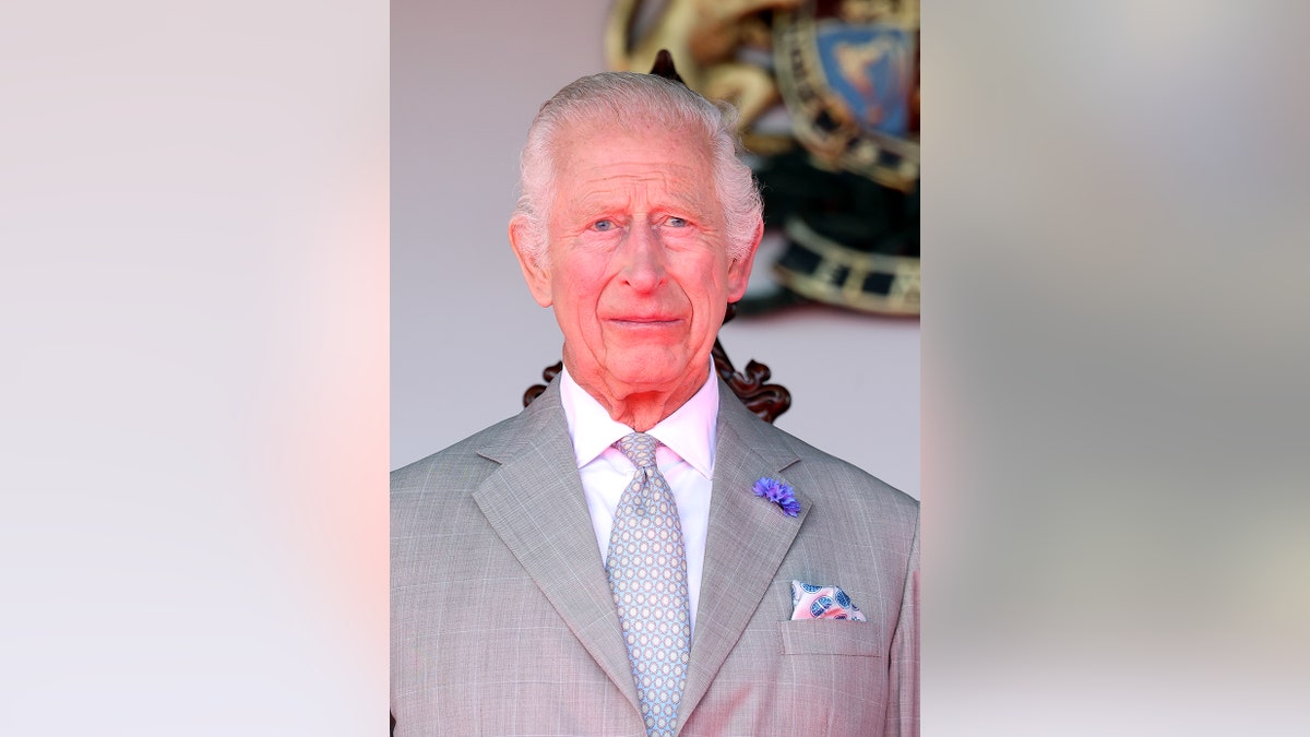 King Charles in a grey suit and matching tie.