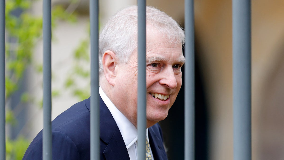 Prince Andrew smiling behind bars in a navy suit.