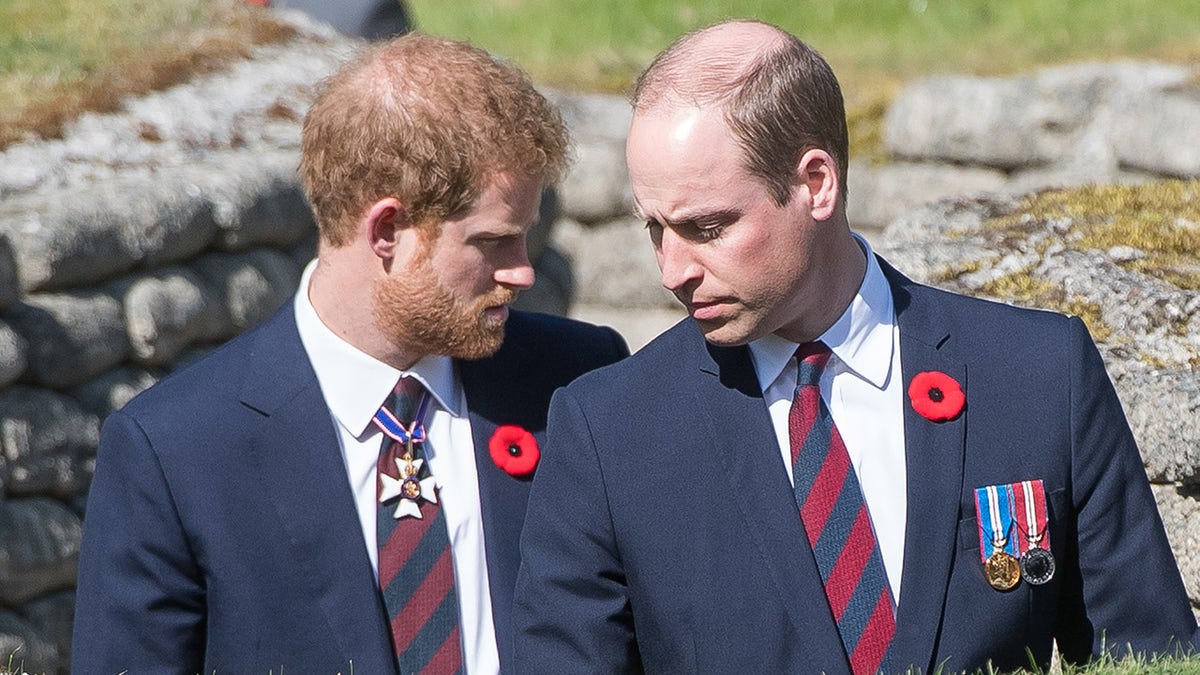 Prince William listening to Prince Harry as they wear matching navy suits with a blue and red striped tie.