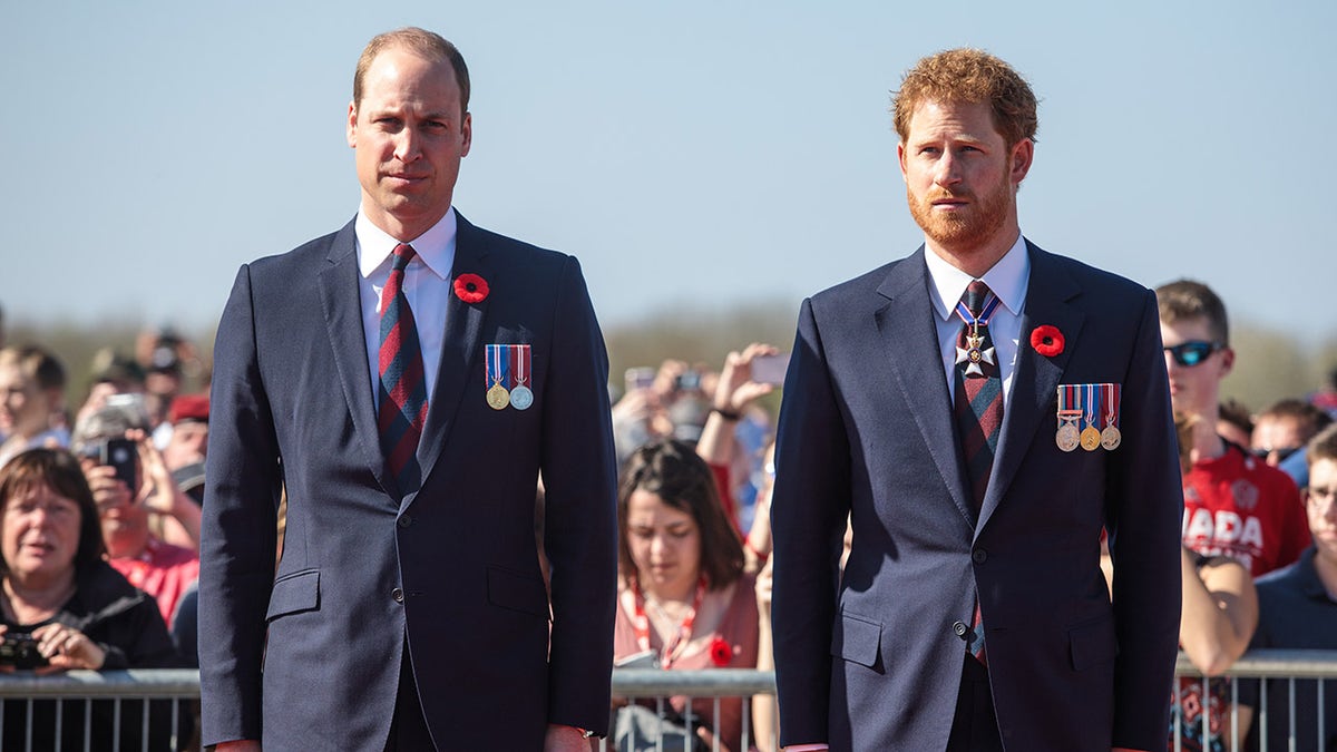 Prince William and Prince Harry standing next to each other in matching navy suits with medals.