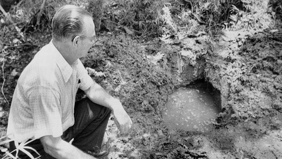 Police looking at a shallow grave.