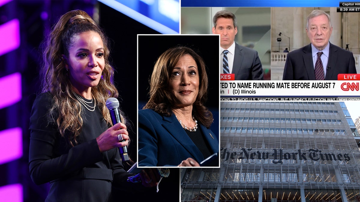 Sunny Hostin, Kamala Harris, John Berman y el logotipo del New York Times