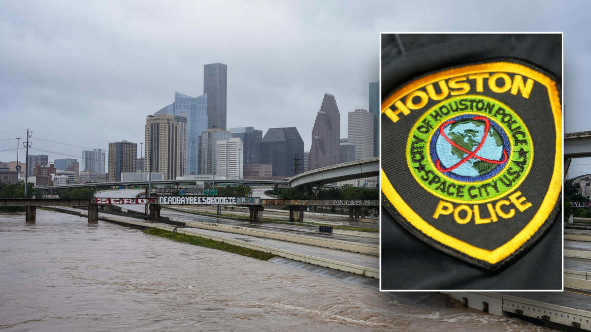 Split image of flooding in Houston and HPD badge