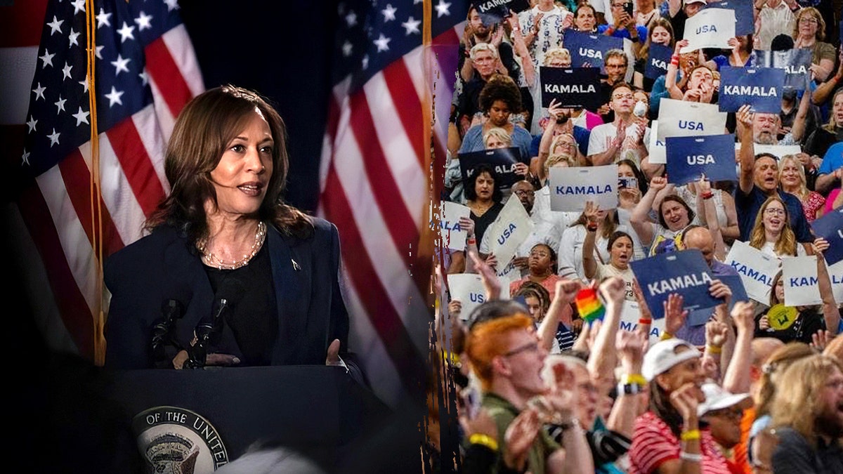 Kamala Harris speaking with US flags behind her, left; right: crowd shot
