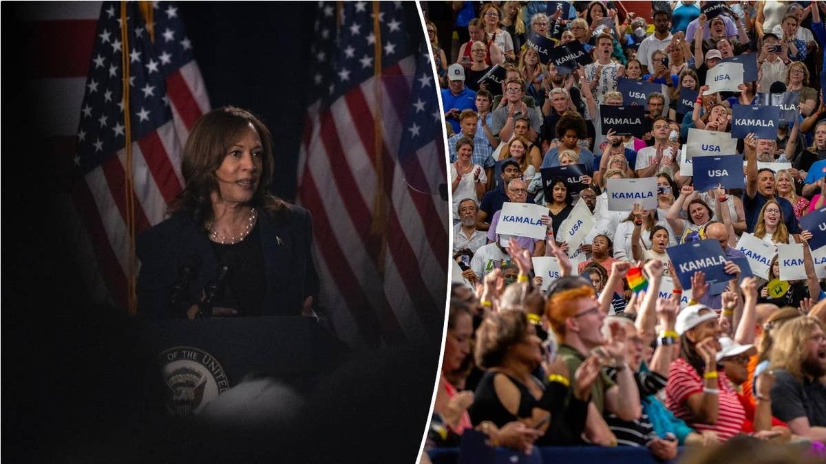 left: VP Kamala Harris; right: rally crowd