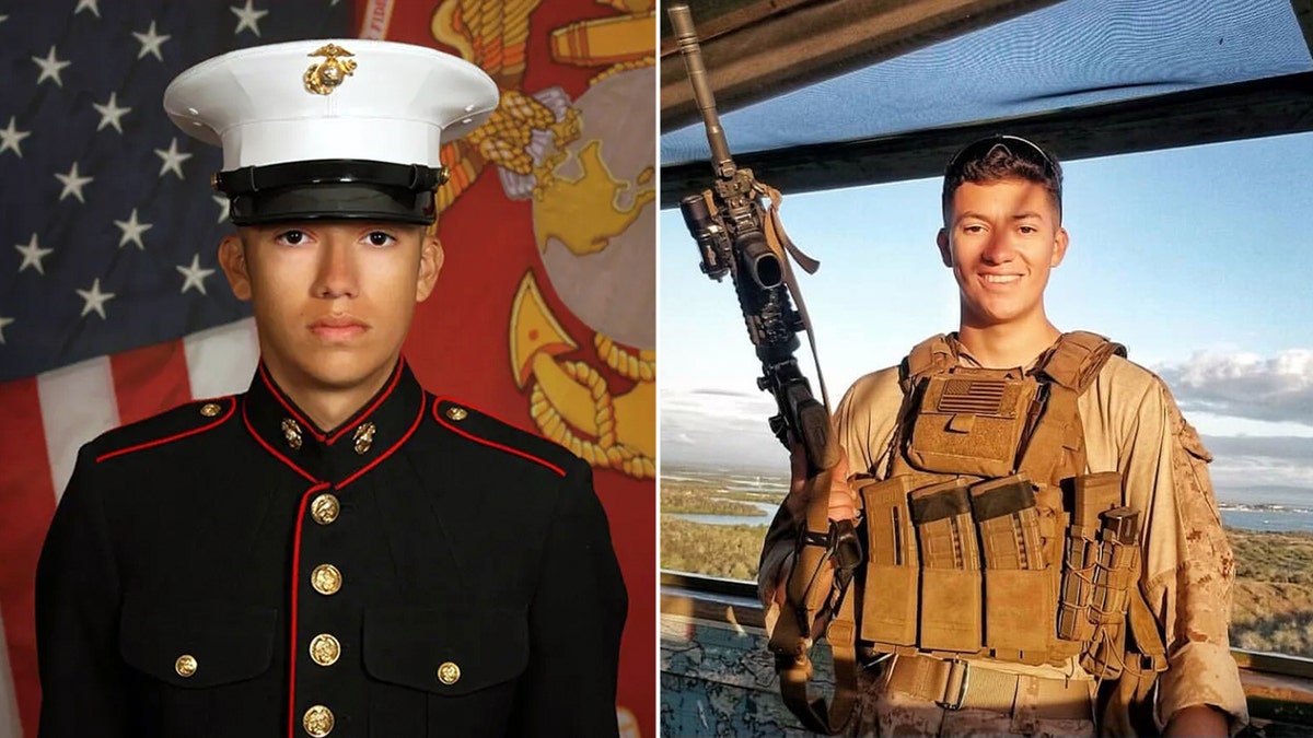 Cpl Hunter Lopez in dress uniform, left, Hunter Lopez in the field holding a rifle, right