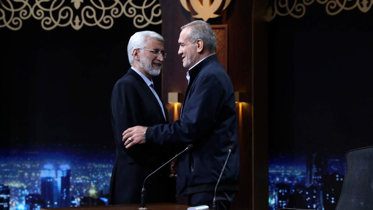 Saeed Jalili, left, a hard-line former nuclear negotiator, and reformist candidate Masoud Pezeshkian