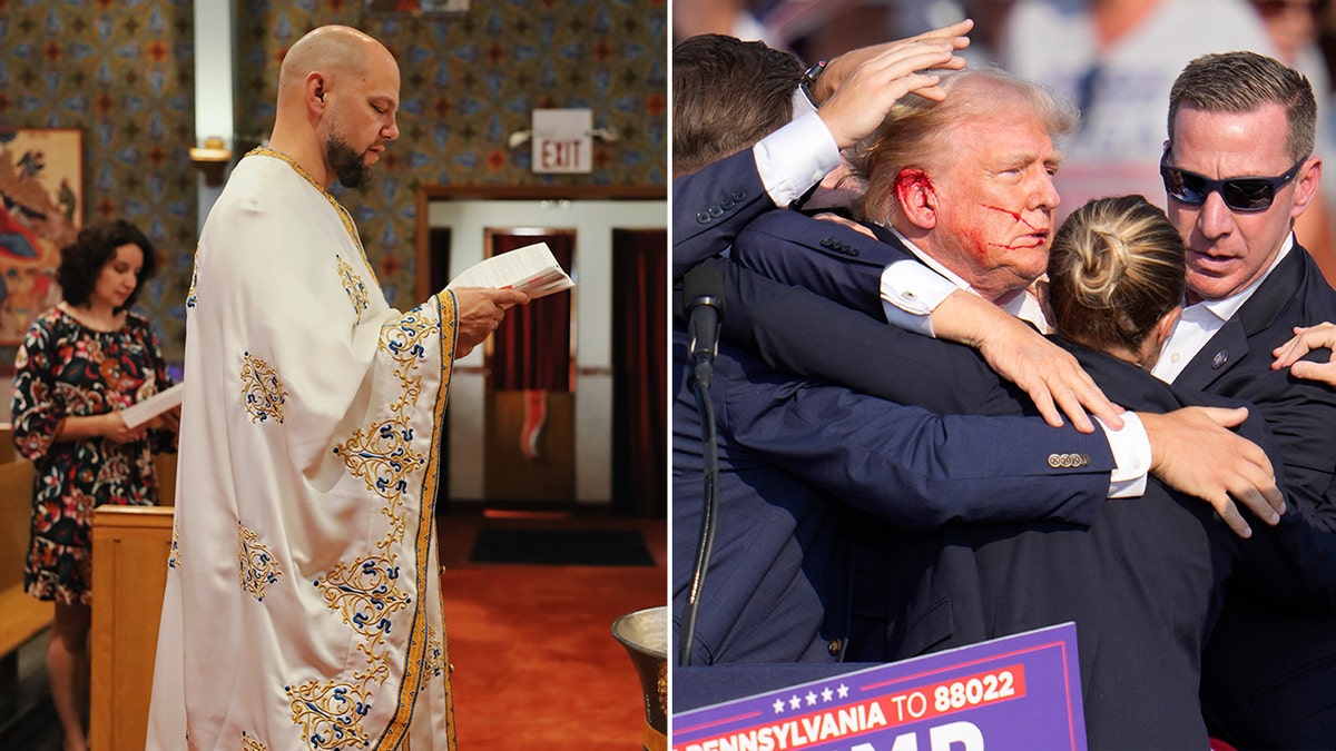 el sacerdote Jason Charron y Trump en un mitin