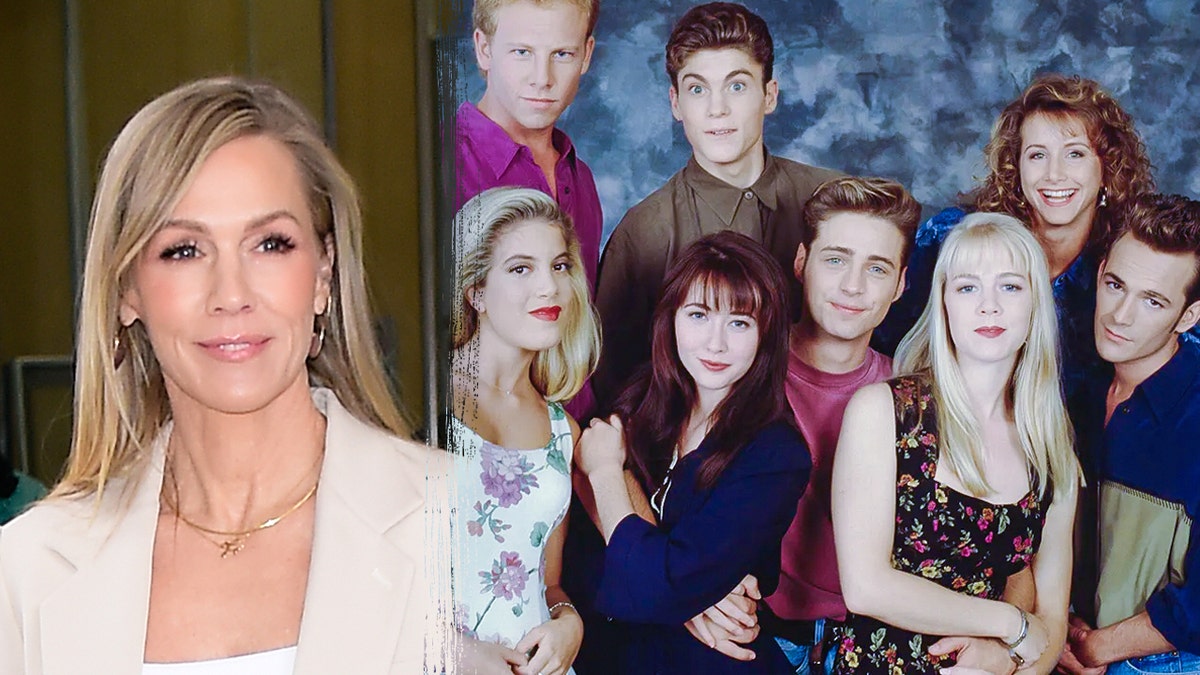 A split image of Jennie Garth and the cast of "Beverly Hills, 90210"