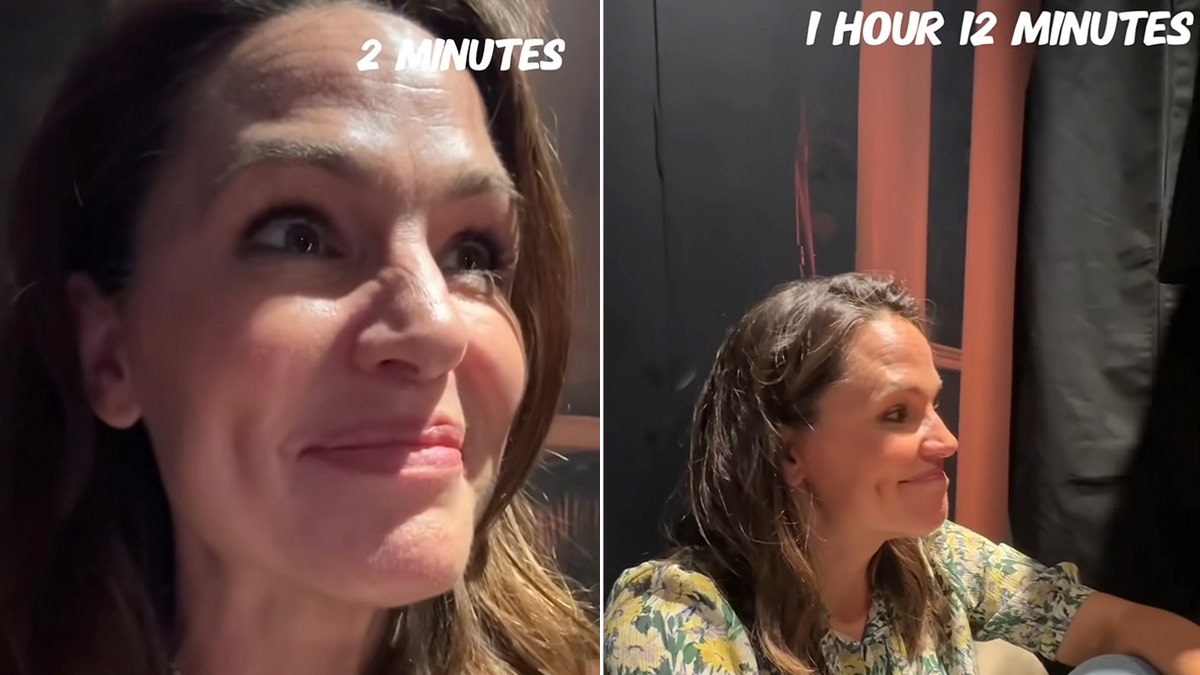 Side by side photos of Jennifer Garner stuck in an elevator