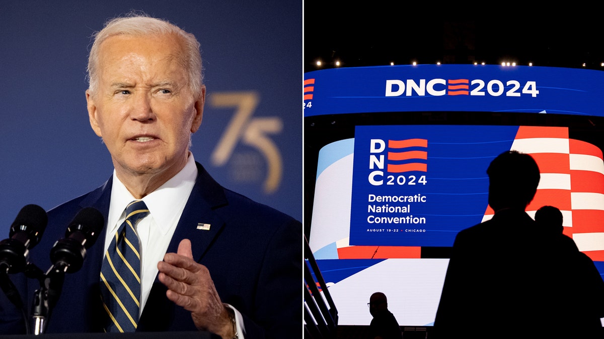 left: Joe Biden; right: DNC 2024 sign