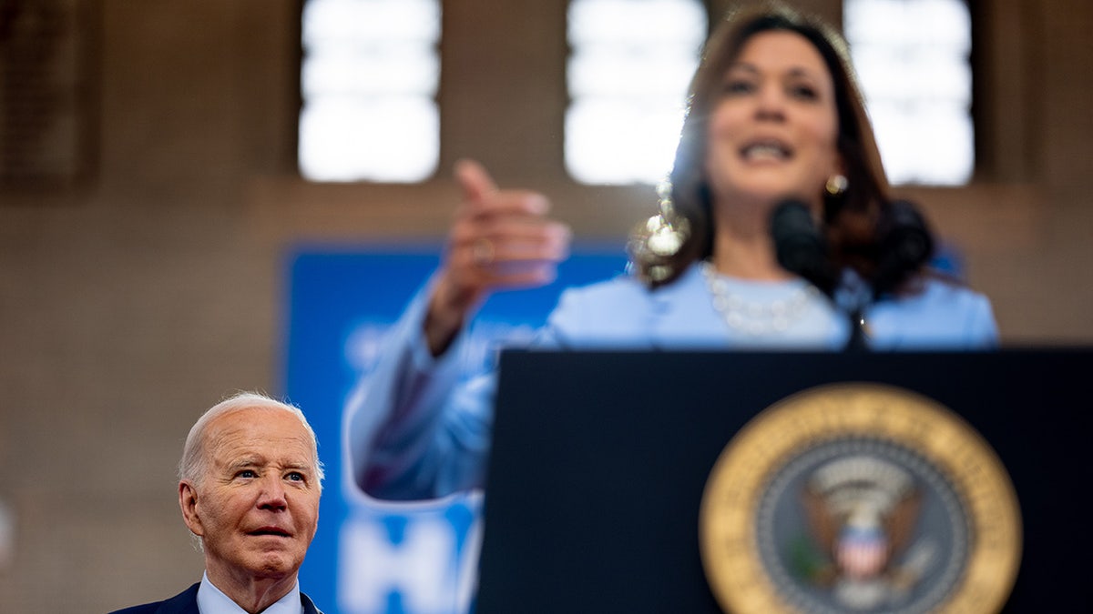 U.S. Vice President Kamala Harris introduces U.S. President Joe Biden during a campaign rally at Girard College