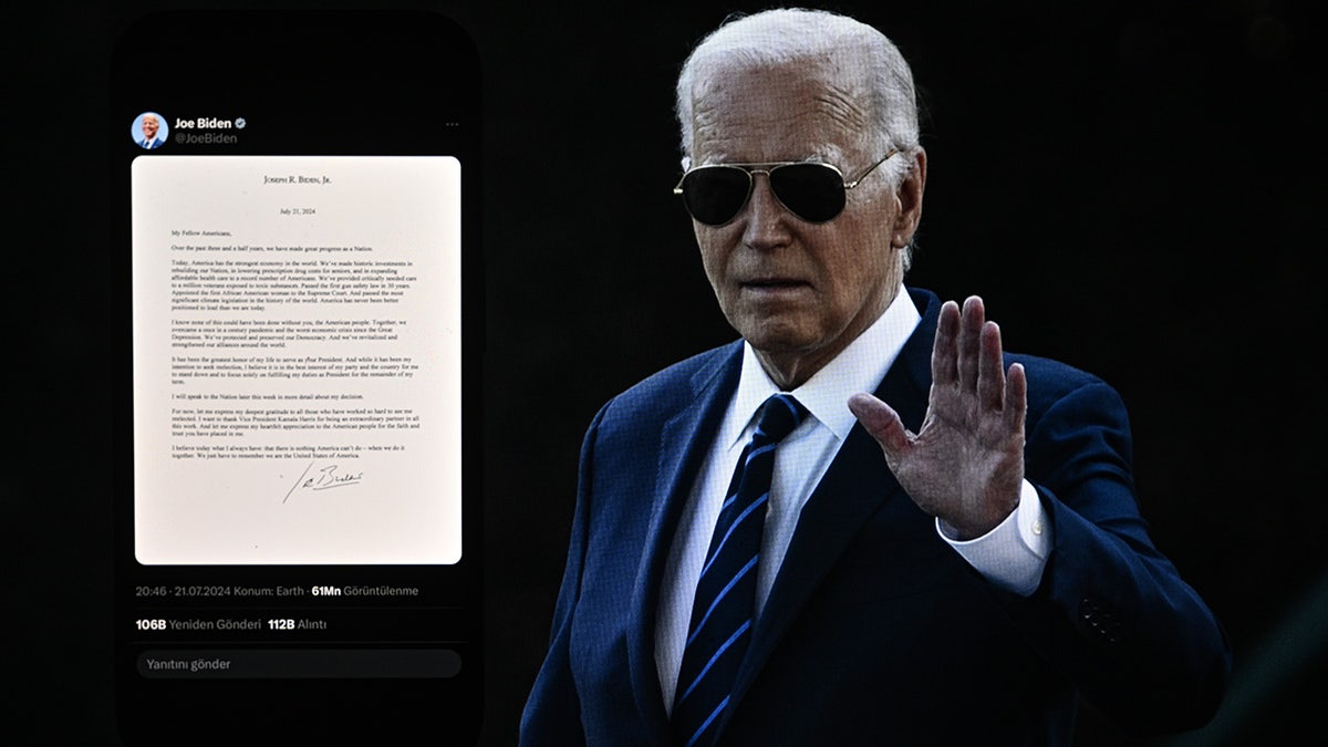 The letter in which U.S. President Joe Biden announced his withdrawal from candidacy is being displayed on a mobile phone screen