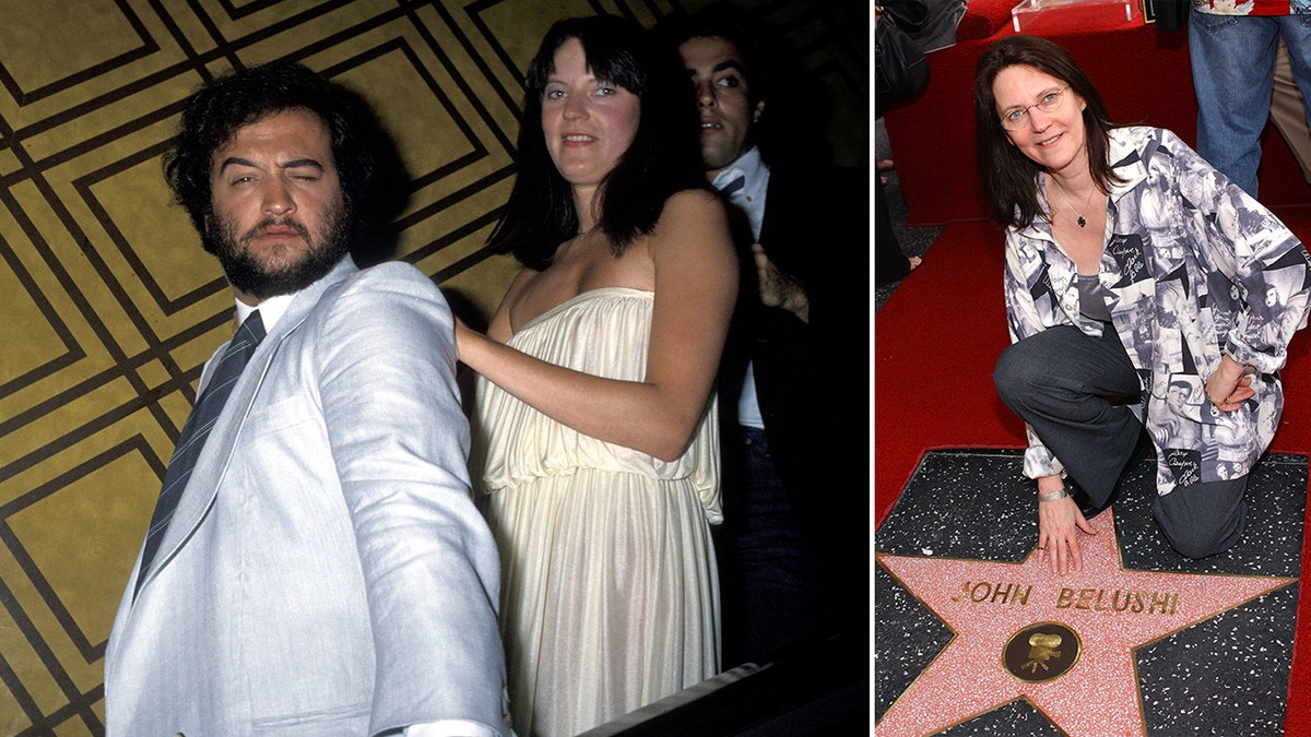 Side by side photos of John Belushi and Judy Belushi-Pisano together and Judy Belushi-Pisano at his Walk of Fame star