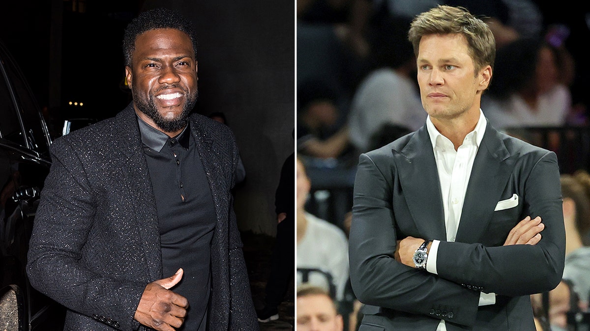 Side by side photos of Kevin Hart and Tom Brady