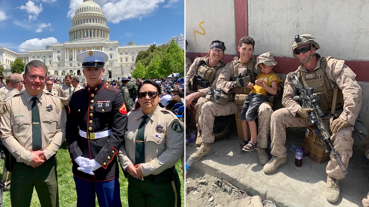 Hunter Lopez in dress uniform with parents Herman and Alicia in Washington, D.C., left, and Hunter Lopez with a child and other Marines while deployed in the Middle East, right