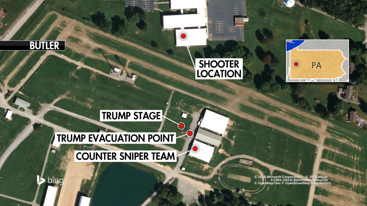 Mapa mostra o layout do comício de Trump e áreas ao redor, além da posição do atirador