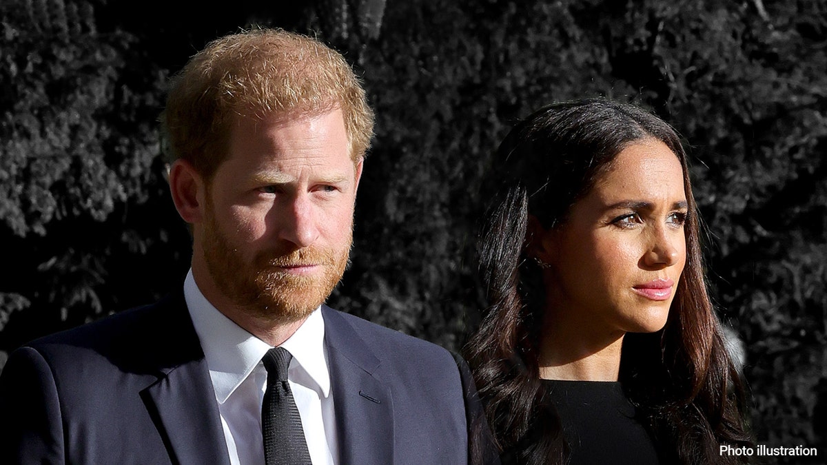 Meghan Markle and Prince Harry looking somber