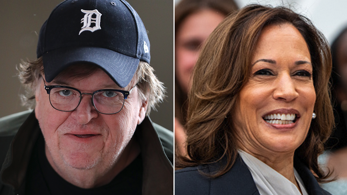Michael Moore and Kamala Harris split image