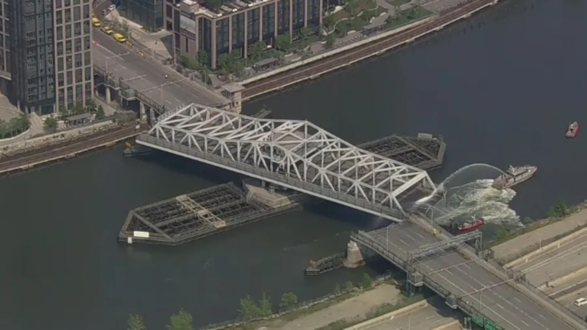 Wide shot of stuck bridge