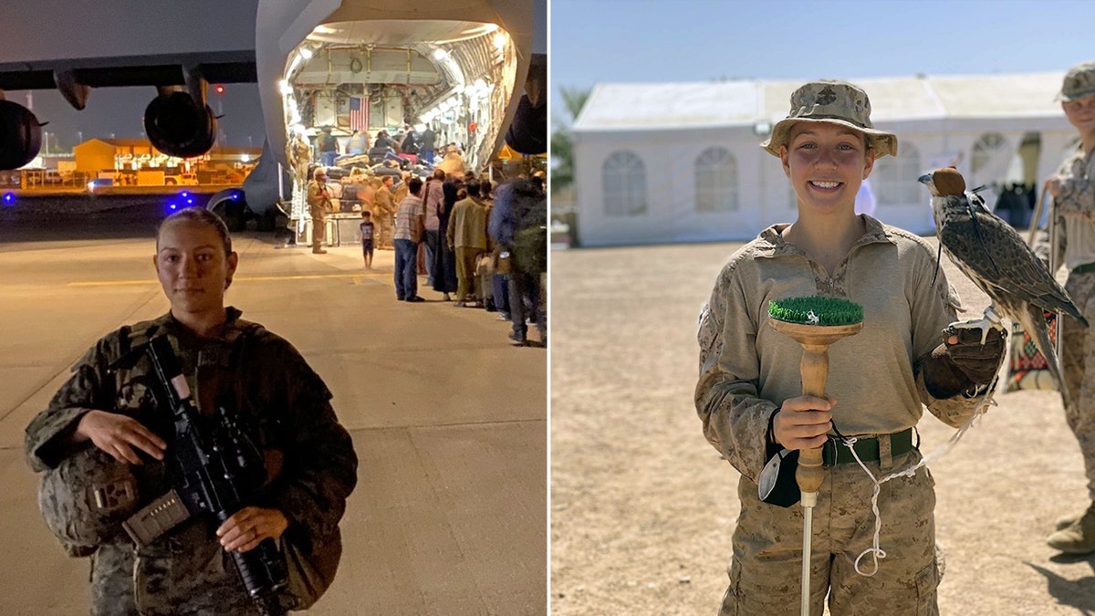 Marine Sgt. Nicole Gee evacuating refugees from Afghanistan, left, and holding a falcon, right