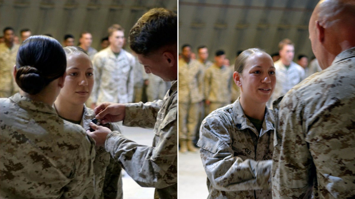 USMC Sgt. Nicole M. Gee receiving a medal, left, and shaking an officer's hand, right
